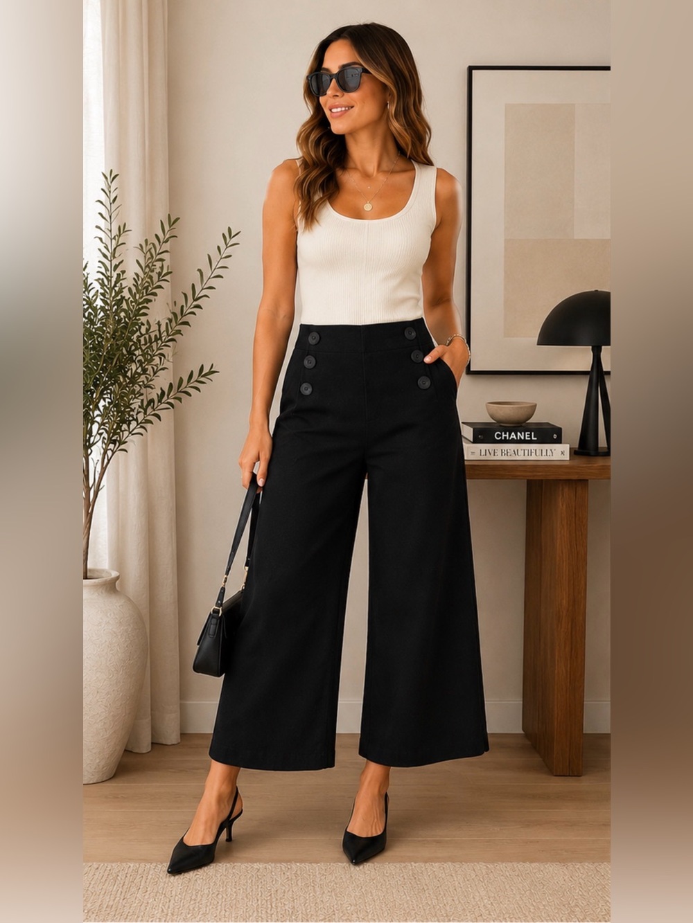 Zara TRF Black Sailor Button Side Zip Culottes Wide Leg Cropped Pants High Waist